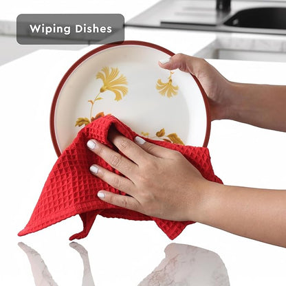 Encasa XO Kitchen Dish Towels Set | Red | Waffle Weave and Flat Hand Tea Towel