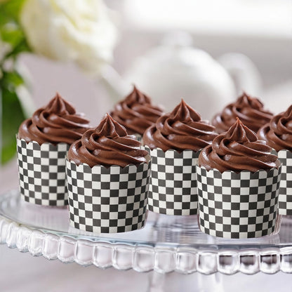 Qinyoung 150 Pcs Race Car Checkered Cupcake Wrappers Liners Black and White Paper Baking Cup Greaseproof Disposable Scalloped Checkered Flag Muffin Case for Racing Car Birthday Party Baby Shower Decor