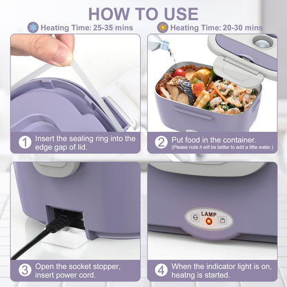 Electric Lunch Box Food Heater, 3 in 1 Ultra Quick Heated Lunch Boxes for Adults, 12V/24V/110V Portable Food Warmer for Car/Truck/Office With Fork Spoon and Insulated Carry Bag
