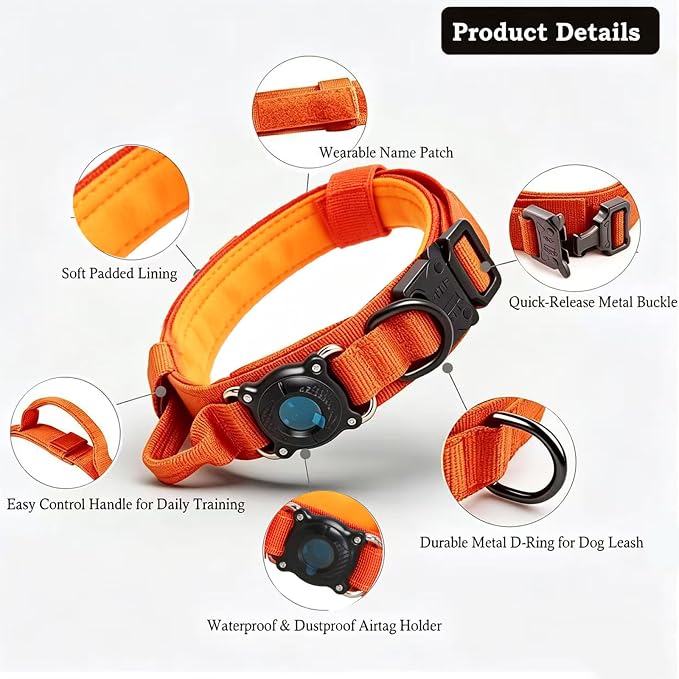 Upgraded AirTag Dog Collar,Waterproof Tactical Dog Collar with AirTag Holder, Control Handle and Metal Buckle,Heavy Duty Dog Collars for Large Dogs(Orange，L