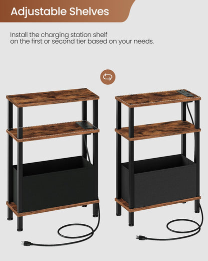 CHOEZON Small Narrow Side Table with Charging Station, Skinny End Table with Fabric Basket, Slim Nightstand for Small Spaces, Sofa Side Table, for Living Room, Bedroom, Rustic Brown and Black TBZ07UBF
