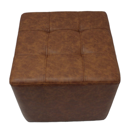 Factory Direct Partners Tufted Square Accent Ottoman; Distressed Faux Leather, Hand Upholstered Commercial-Grade Furniture for Home or Office; Seating, Footstool, Side Table Use - Hazelnut, 13381-322