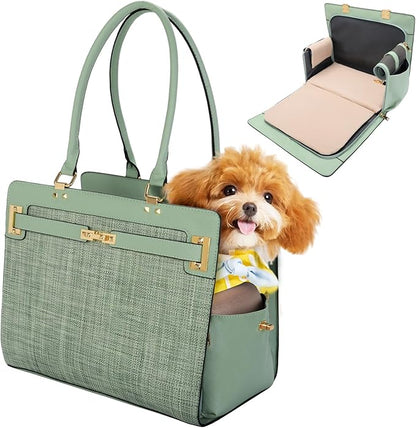 2-in-1 Stylish Dog Purse Carrier Soft-Sided Carriers Travel Tote Bag for Small Dogs Cats, Fashion Foldable Pet Bag for Puppies Small Animals with Pockets (Green, 15" L x 7.5" W x 12.2" H)
