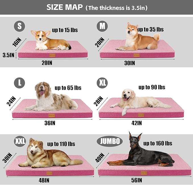 Patas Lague Orthopedic XL Dog Bed Large Sized Dog 48''X30'', Soft Waterproof Egg Crate Foam Large Pet Crate Beds Mat with Removable Washable Cover and Non-Slip Bottom, Pink
