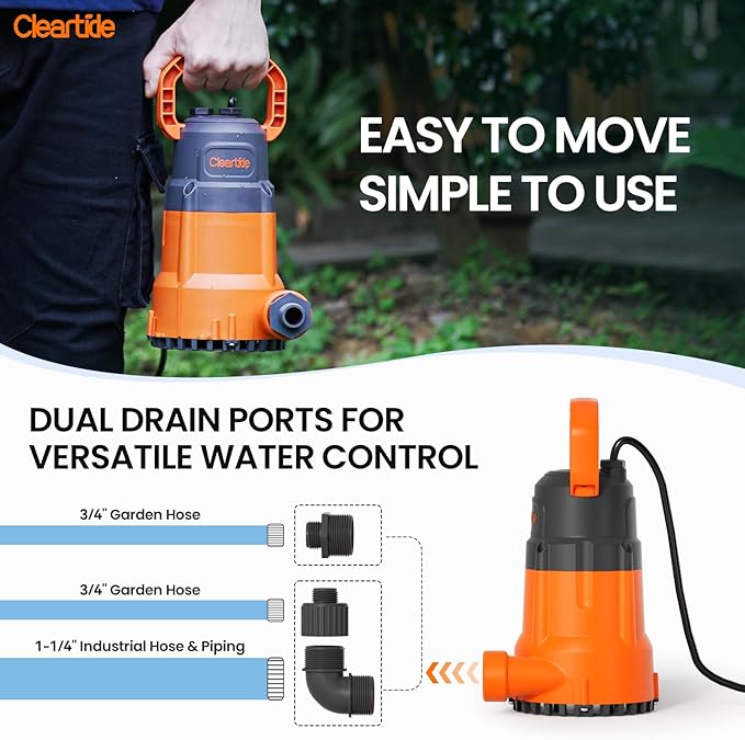 Cleartide Submersible Utility Water Pump, 1/3 HP 2790 GPH, 100% Copper Motor, Thermoplastic Portable Plug & Work, Ideal for Pool, Flooded Basement, Hot Tub, Pond & Garden Draining,10 FT Cord