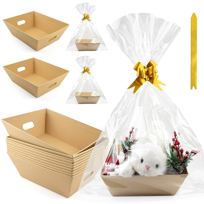 10PACK Empty Gift Basket Set, 11.8x9.8” Thick Kraft Market Tray Gift Basket with 10 Bows 10 Bags Empty Gift Baskets for Christmas Thanksgiving Valentine Easter Wedding Birthday Party Gift Wrapping (Kraft)