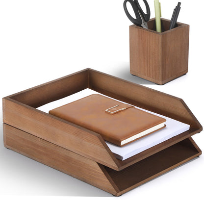 Nuanchu 2 Pcs Wooden Letter Trays with Pen Holder Wood Desk Organizer Set Heavy Duty 2 Tier Brown Stackable Supports Letter-Size Paper Tray Desktop Drawer Pen Magazine File Folder Office Accessories