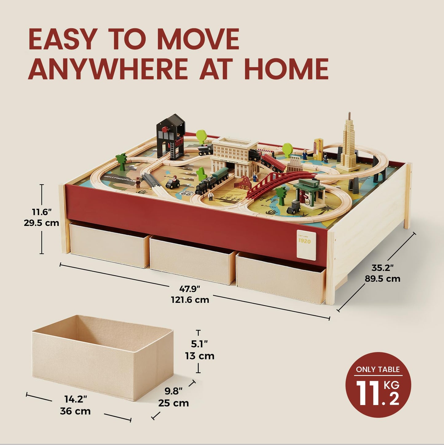 Tiny Land Large Wooden Train Table (47.9”x35.2”), 104PCS Train Set, 3 Storage Bins, Activity Playset for Kids Ages 3+