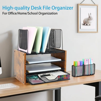 OPNICE Desk Organizer, 4-Tier Desktop File Organizer with Drawer and 2 Pen Holders, Office Desk Accessories, Workspace Organizers for Office Supplies(Brown Wood)