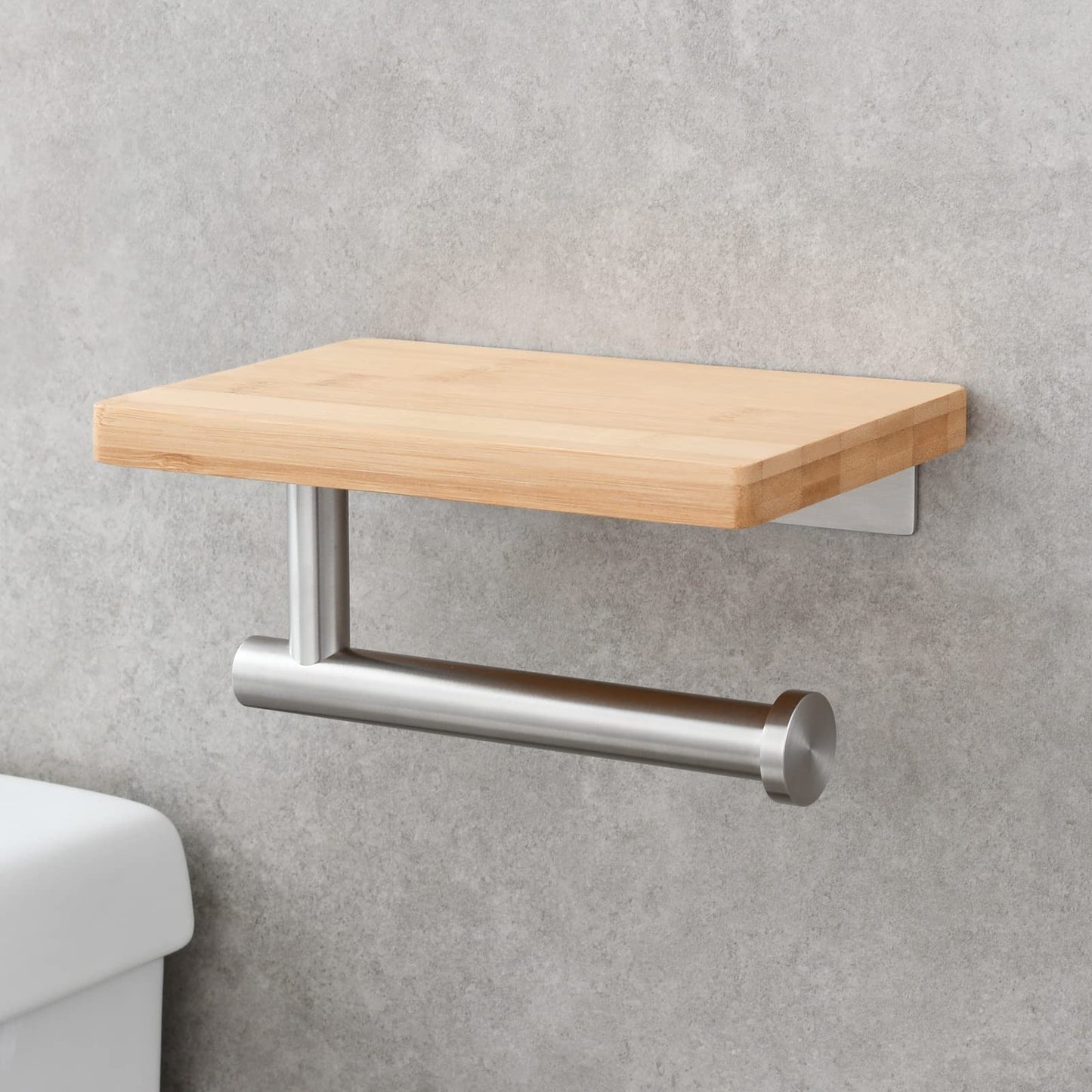 Tecmolog Stainless Steel Paper Roll Holder Wall Mount Toilet Tissue Holder with Wooden Storage Shelf, Brushed Nickel, SBH264NA