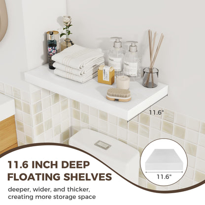 Fun Memories 24 x 12 Inch Deep Floating Shelves, 12 Inch Deep Rustic Wooden Book Shelf, Extra Deeper & Thicker Hanging Shelves for Living Room, Bathroom, Bedroom, Kitchen, Office, Set of 2 (White)