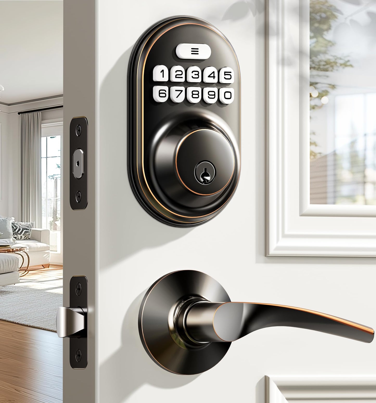 Veise Keyless Entry Door Lock with 2 Lever Handles - Electronic Keypad Deadbolt, Auto Lock, Back Lit & Easy Installation Design, Front Door Handle Sets, Satin Nickel
