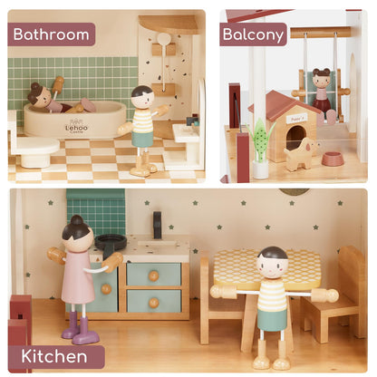 Lehoo Castle Wooden Dollhouse for Girls, Realistic Doll House with 5 Rooms & 38 Accessories, DIY Pretend Play Dream Dollhouse with Doll and Furniture, Ideal Creative Gift for Ages 3+