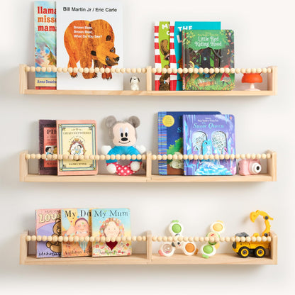 HiMummy 32 Inch Floating Shelf with Wooden Bead Design - Solid Pine Wall Mounted Bookshelf, Child-Safe Nursery Storage for Kids Room Decor, Set of 3(Pre-Strung Bead Strings)