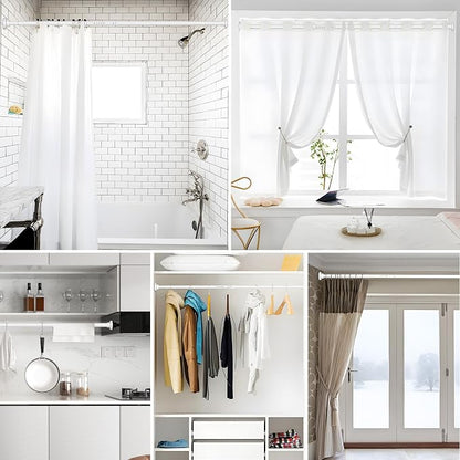 MEXAU White Tension Curtain Rod 40-113 Inch Long Tension Rod 1.26" Spring Tension Curtain Rod Adjustable Curtain Rods No Drilling Tension Shower Rod Curtain Tension Rod for Bathroom Windows Doorways