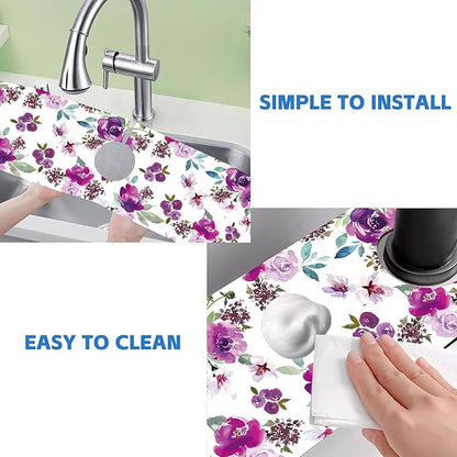 Watercolor Purple Flowers Faucet Absorbing Mat Splash Guard Draining Mat Fast