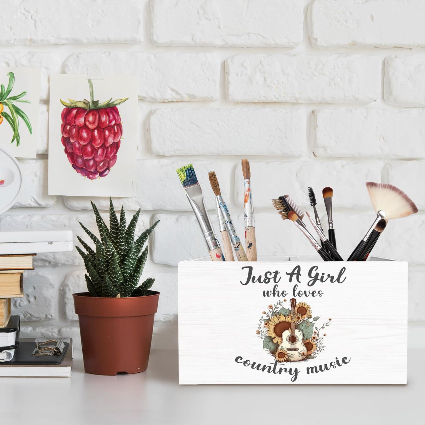 METNBASYY Western Cowgirl Pen Holder for Desk, Country Western Gifts Pencil Organizer, Just a Girl Who Loves Country Music Wooden Box Sign Desk Decor for Home Office Decoration