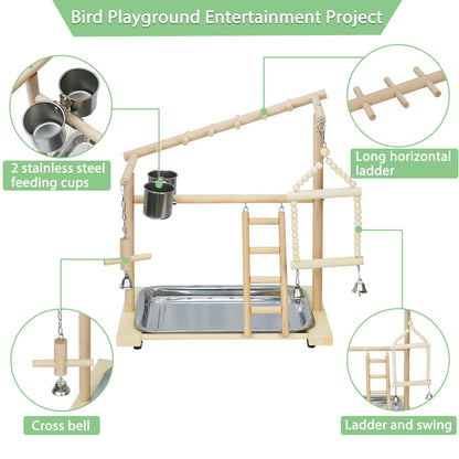 Ibnotuiy Parrot Playstand Bird Playground Birdcage Wood Perch Stand Ladder Swing with with Feeder Cups Birds Play Gym Cockatiel Playground Include Hanging Bell Swing Ladders