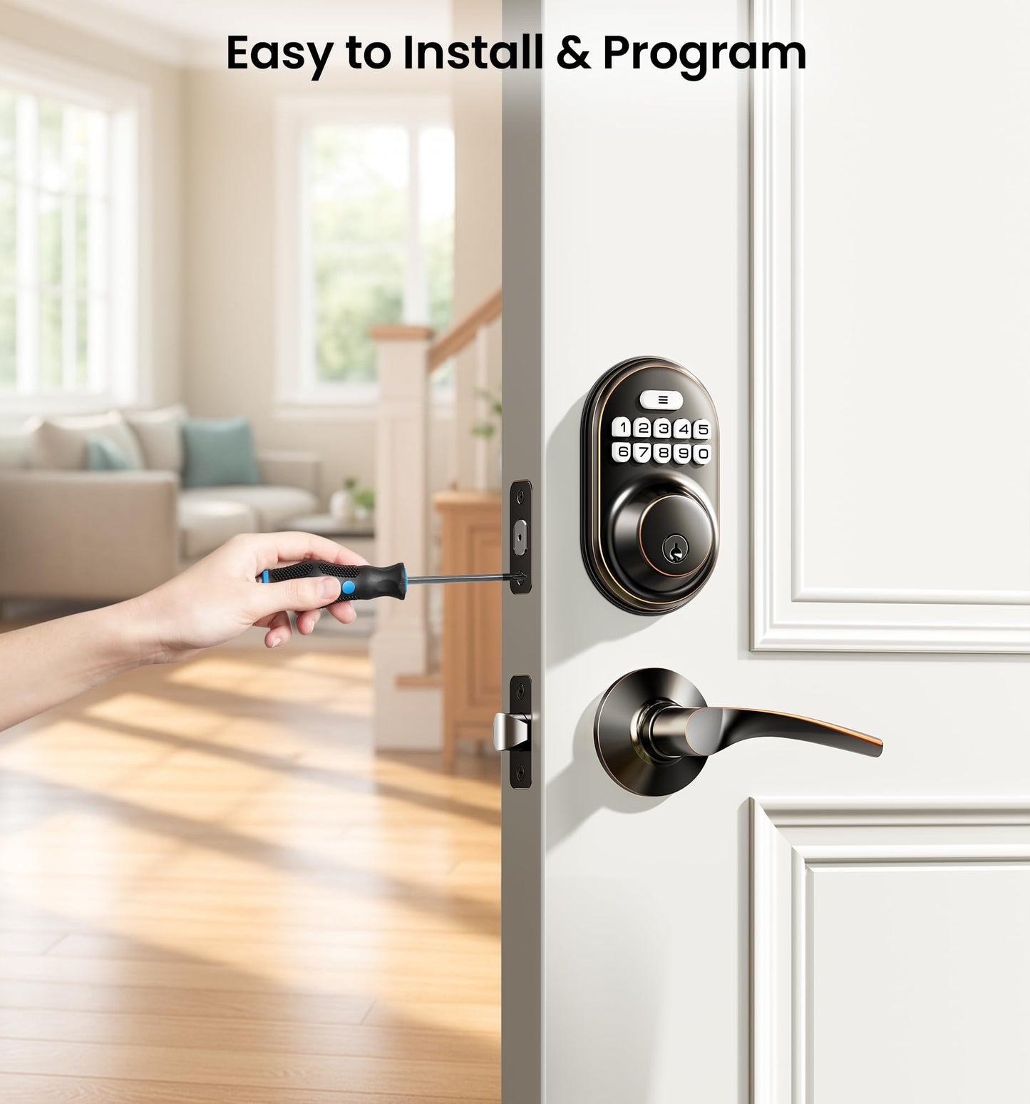 Veise Keyless Entry Door Lock with 2 Lever Handles - Electronic Keypad Deadbolt, Auto Lock, Back Lit & Easy Installation Design, Front Door Handle Sets, Satin Nickel