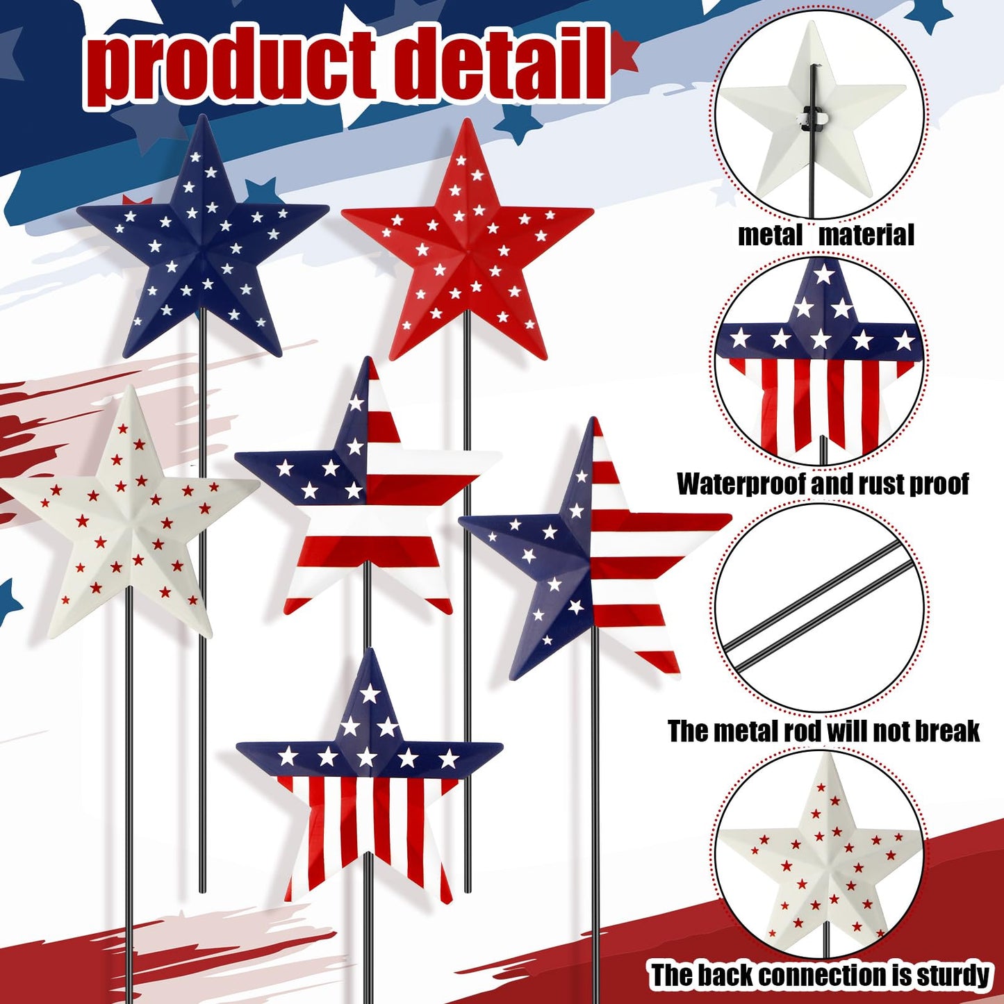 Pickmesh 6 Pcs 12" H 4th of July Outdoor Decor Patriotic Metal Yard Sign Star Red White Blue Garden Stake USA Flag American Yard Sign for Memorial Day Independence Day Decoration