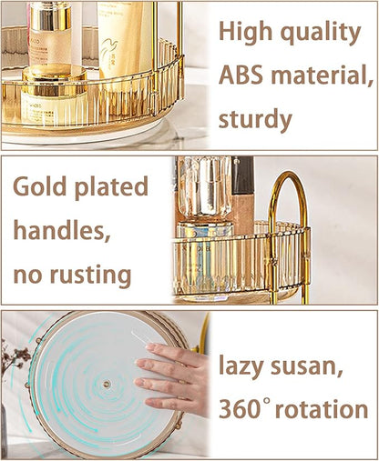 shuang qing Rotating Makeup Organizer for Vanity, High-Capacity Skincare Clear Make Up Storage Perfume Organizers Cosmetic Dresser Organizer Countertop 360 Spinning (Gold, 2 Tier)