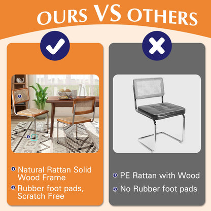 Alunaune Modern Mid Century Dining Chairs Set of 2, Upholstered Natural Rattan Kitchen Chairs Accent Chair, Armless Side Chairs with Metal Chrome Legs for Bedroom Living Room-Brown