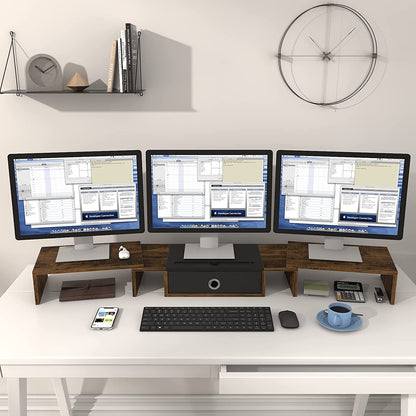 WESTREE Triple Dual Monitor Stand Riser with Drawer,Extra Large Adjustable for 2~3 Monitors,Solt for Phone & Tablet, Desktop Organizer Stand for Computer,Laptop,Printer,TV