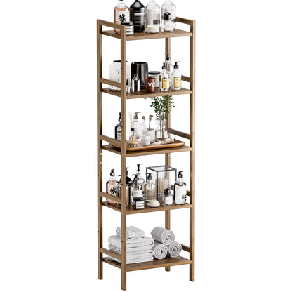 HITNET Bamboo Book Shelf, Tall Narrow Bookcase, Bathroom Shelving Unit 5 Tier Floor Standing Adjustable Bookshelf for Small Spaces, Walnut