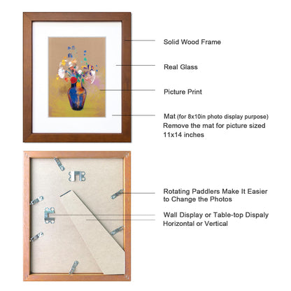 DEKWINN 11x14 Picture Frame Set of 2 Made of Solid Wood with Real Glass for Pictures 8x10 with Mat or 11x14 Without Mat, Wall Mount or Tabletop Gallery Photo Frames, Brown