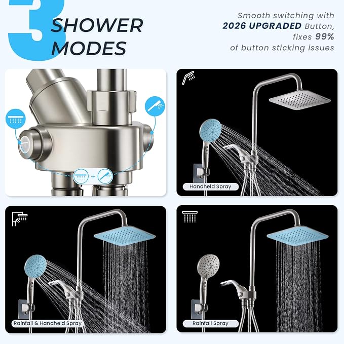 Ryamen Dual Shower Head Combo, 8'' High Pressure Rain Shower Head with Handheld Spray, 6+1 Spray Settings Handheld Showerhead, Height Adjustable, One-touch Pause Button, Brushed Nickel