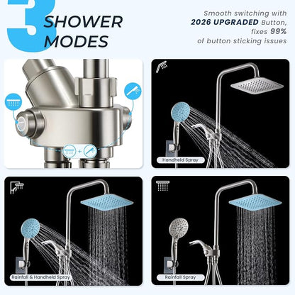 Ryamen Dual Shower Head Combo, 8'' High Pressure Rain Shower Head with Handheld Spray, 6+1 Spray Settings Handheld Showerhead, Height Adjustable, One-touch Pause Button, Brushed Nickel