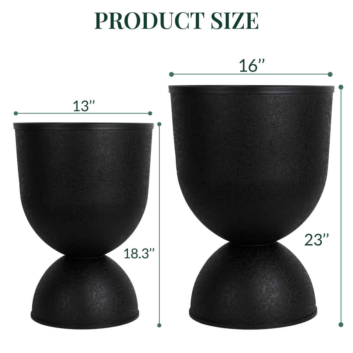 KOL Planters Flower Pots, Large Plastic Urn Planters for Indoor Outdoor Plants, Black Pedestal Planter 2 Pack, 18 Inch+23 Inch, Tall Decorative Planters with Drainage Holes & Plugs for Porch Garden
