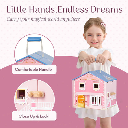 Giant bean Exquisite Pink Wooden Dollhouse for Girls with 2 Dolls and 12pcs Wooden Furniture,Foldable and Portable Pretend Play House Set with Handle, Christmas Birthday Gift for Girls Kids Age 3+