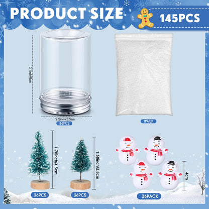 Jerify 36 Sets Christmas Plastic DIY Snow Globes Kit for Craft Adult Includes 36 Clear Snow Globe 3.1", 72 Mini Pine Tree with Base, 36 Miniature Snowman and Fake Snowflake for Table Home Xmas Decor