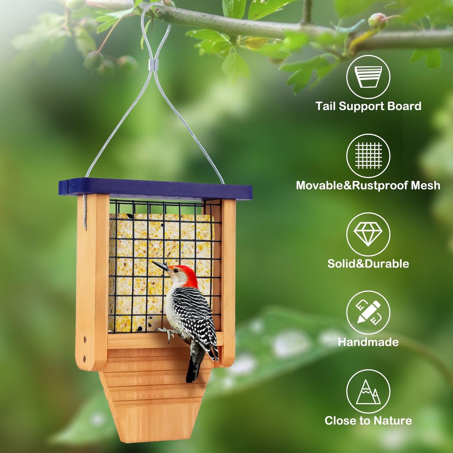 Gbekery Wooden Suet Bird Feeder for Outside Hanging, Woodpecker Suet Feeder with Tail Prop, Hanging Bird Feeder for Wild Birds, 1 Pack, Blue