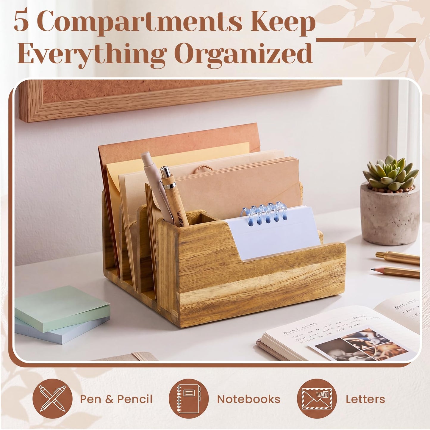 Novabright Acacia Wood Mail Organizer with Pen Holder, 5 Slot Desk File Organizer, Wooden Letter Sorter for Desk, Compact Desktop Document Holder for Home Office Storage