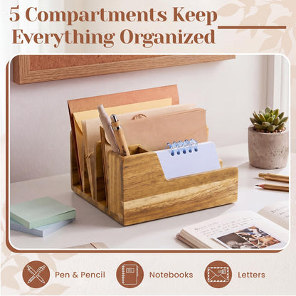Novabright Acacia Wood Mail Organizer with Pen Holder, 5 Slot Desk File Organizer, Wooden Letter Sorter for Desk, Compact Desktop Document Holder for Home Office Storage