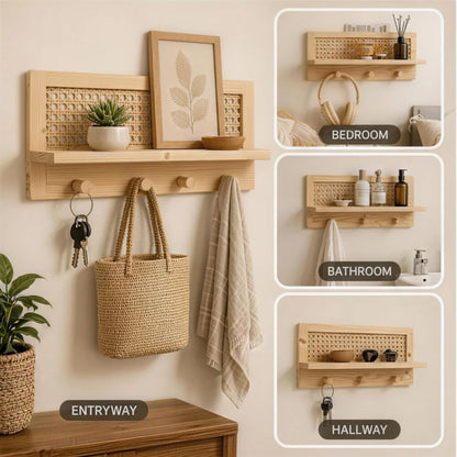 HLiikuikin Rattan Wall Shelf with 4 Hooks, Entryway Key Holder & Coat Rack Wall Mount