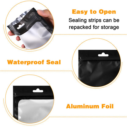 300 Pcs Smell Proof Resealable Bags, Aluminum Foil Pouch with Clear Window 4.7 x 7.8 Inch Black for Food Storage Small Business Jewelry Gift Packaging