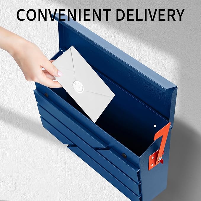 Wall Mount Mailbox for House Outside, Large Capacity Mailbox with Flag Drop Box, Galvanized Steel and Rust-Proof Metal Post Box, 15.74"x9.84"x4.33", Blue, MD065