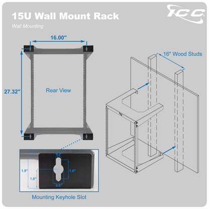 ICC 15U Wall Mount 19″ Open Frame Server Rack – 18″ Deep Cold-Rolled Steel, 125 lb Load Capacity – Network Rack for Patch Panels, Switches, AV, IT & Telecom Equipment Installations