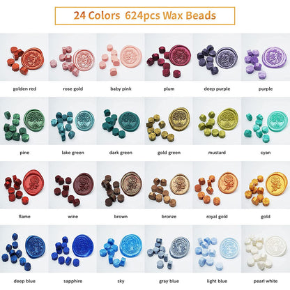 Comealltime Wax Seal Kit with Gift Box, 624 Pcs 24 Colors Sealing Beads, 2 Pcs Stamps, Sealing Wax Warmer, Metallic Pen, Envelope, Candles for Wedding Birthday Gift and DIY Craft, Sellado de Cera