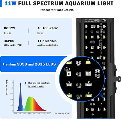 AQQA LED Aquarium Light, 24/7 Mode Clip on Fish Tank Light with Memory Function, DIY Mode Full Spectrum Aquarium Plant Light, Adjustable Timer/Brightness, IP68 Waterproof for 11-16 Inch Fish Tank 11W