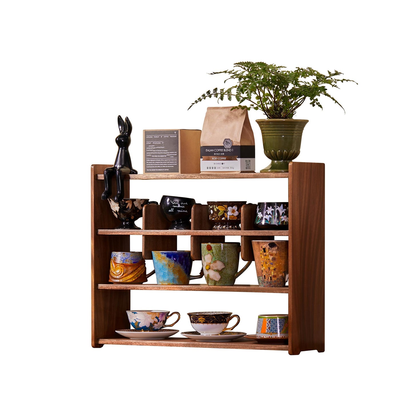 KAOTGOT Coffee Cup Holder for Countertop Walnut Wood Coffee Mugs Holder for Kitchen Mug Display Rack (4-Tier Walnut wood A)