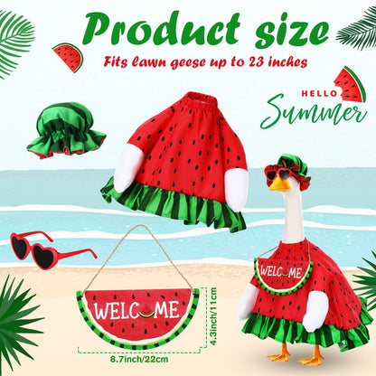 Sunnymove Summer Watermelon Porch Goose Outfits Summer Dress with Frilled Hat & Skirt Welcome Wooden Sign Fits 23" Cement Goose Statue Outdoor Garden Yard Patio Lawn Decor(Watermelon)