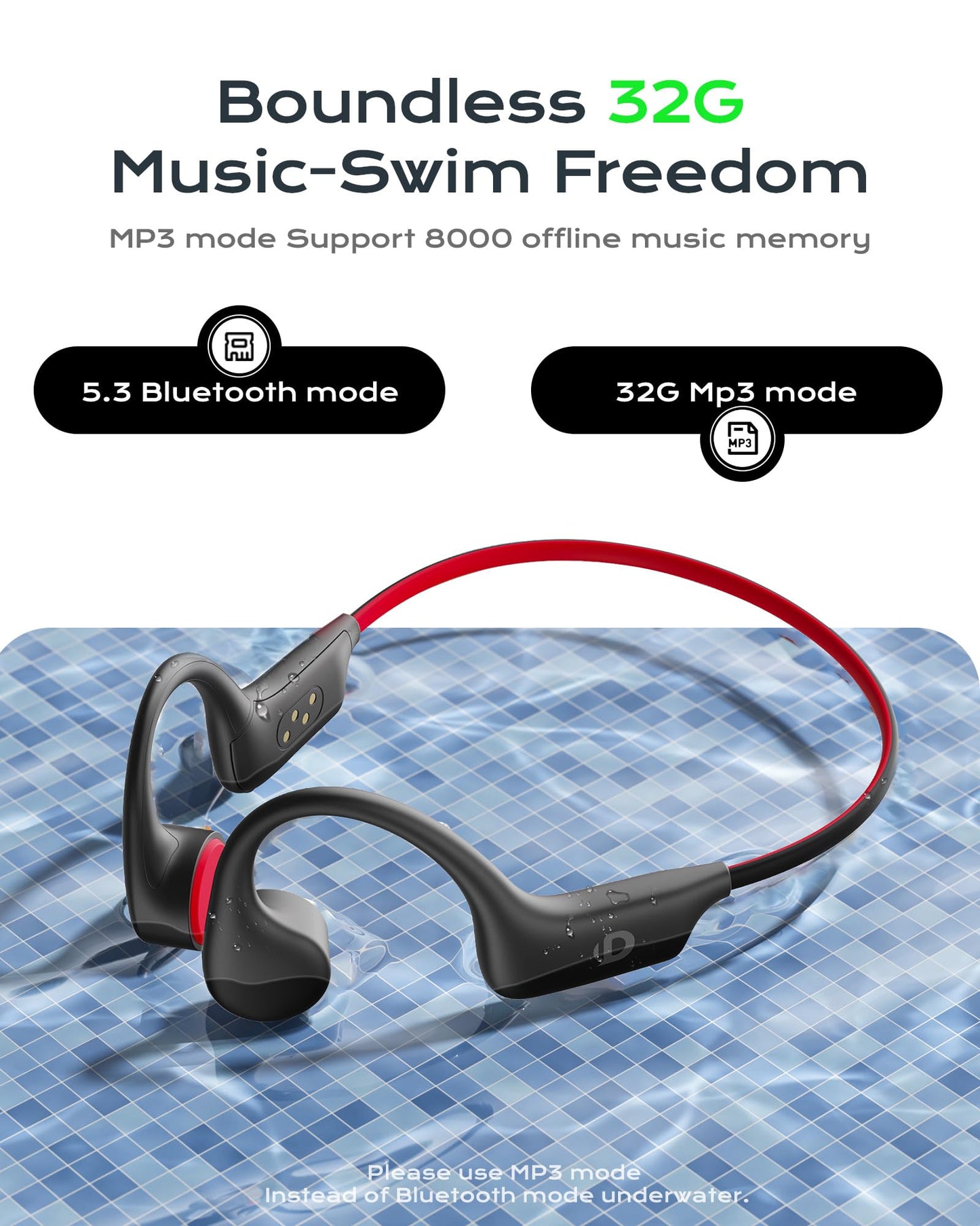 DEMICEA Open Ear Sport Headphones, Wireless Bone Conduction Earphones, Built-in 32GB MP3,with Mic, IP68, Sweat & Water Resistant, Up to 8 Hours Battery, Bluetooth 5.3, for Running, Workouts, Swimming