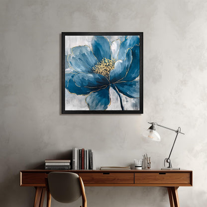 llribbons Framed Flower Wall Art Hand Painted Elegant Blue Peony Floral Canvas Pictures Indigo Gold Painting 3D Textured Prints Artwork for Living Room Bedroom Bathroom Office Home Decor 20" x 20"