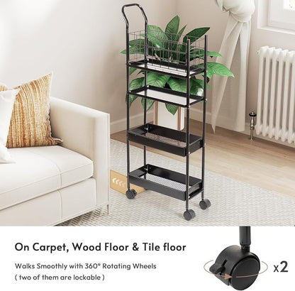 danpinera 4 Tier Slim Cart with Wheels, 7.7’’ Metal Skinny Rolling Storage Cart on Wheels for Kitchen, Bedroom, Office, Laundry Room, Small Narrow Spaces with Hooks and Cups, Black