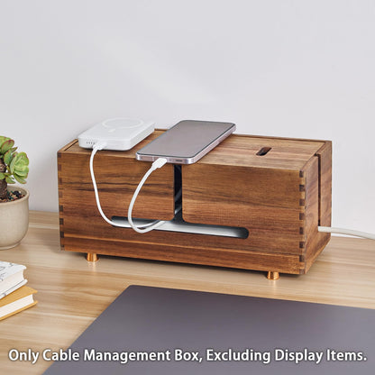 SARUFO Acacia Wood Cable Management Box - Wooden Cord Hider with 4 Metal Feet, Organizer for Desk & Floor, Power Strip TV Wire Concealer, Under Desk Storage for Office, Home Electrical Cables