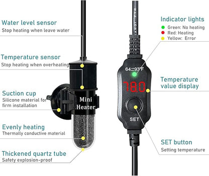 Mini Submersible Aquarium Heater, 10/20/25/50/100/150 Watts Adjustable Fish Tank Heater, Built-in Thermometer, External Temperature Controller, Smart Memory, Used for 1-60 Gallons (10W Plug)